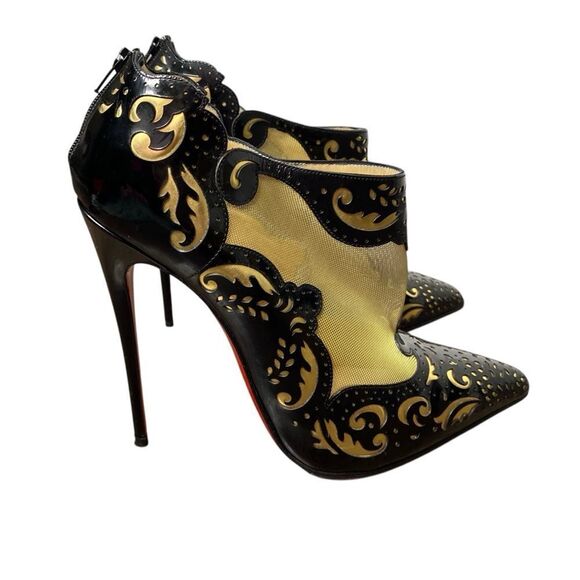 Christian Louboutin Black Patent Mesh Lasercut Mandolina 120 Booties 39.5 - Picture 6 of 10